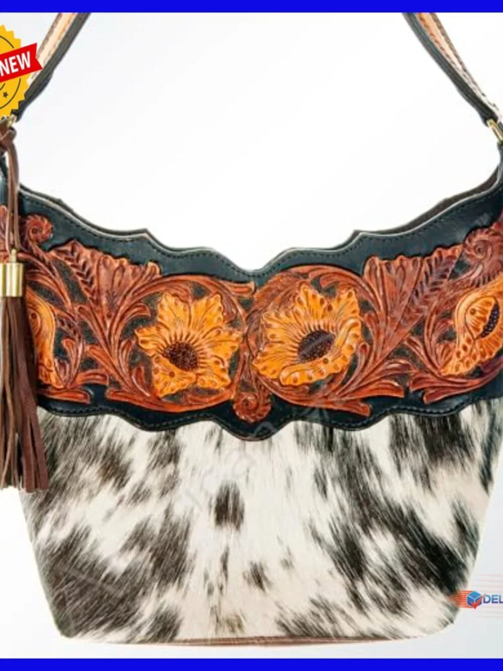Genuine Leather Hobo Bag with Western Tooling, Fringe Strap, 16x16x4